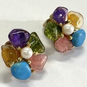 VTG Swoboda Turquoise Citrine Amnethyst & Pearl GoldTone Flower Clip On Earrings